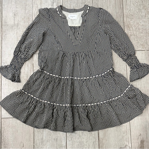 Pomander Place Navy Gingham Tiered Babydoll Mini Dress Smocked Cuffs Size S EUC - Picture 5 of 8